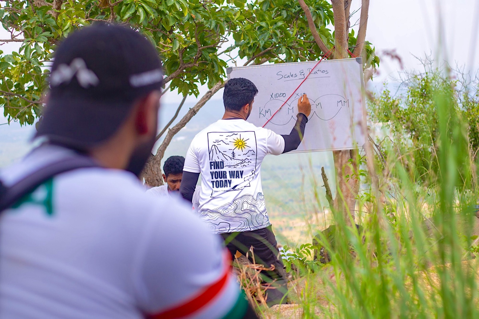 A Find Your Way facilitator teaching map scales on a whiteboard outdoors